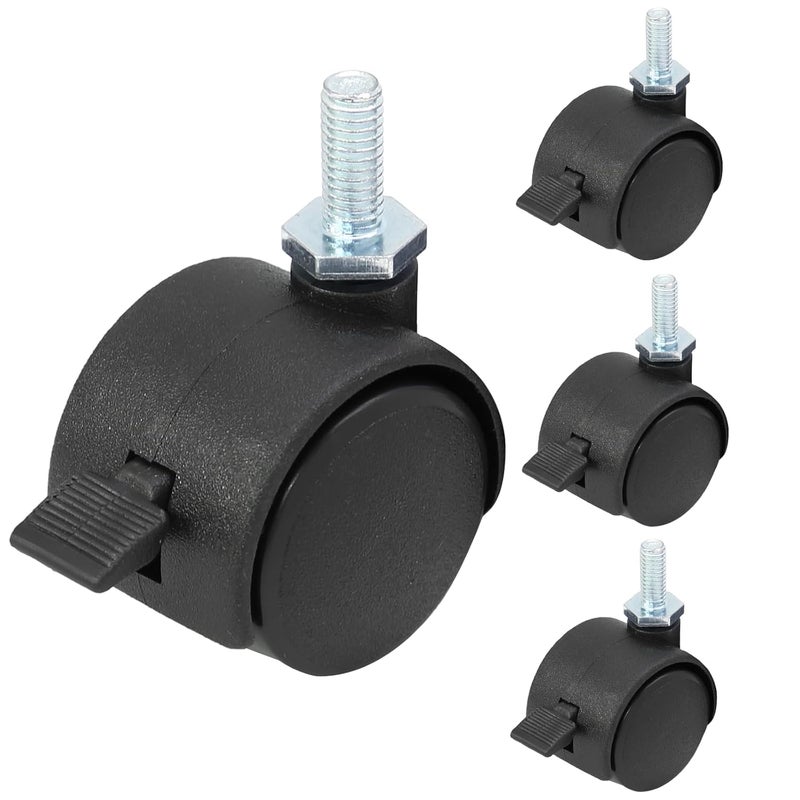 Suiwotin 4pcs 1 Inch Swivel Caster Wheels, M6 Threaded Stem Caster Wheels with Brake, Heavy Duty Casters, Black Nylon Wheel Replacement for Furniture, Table, Cabinet, Shelf - Image 1